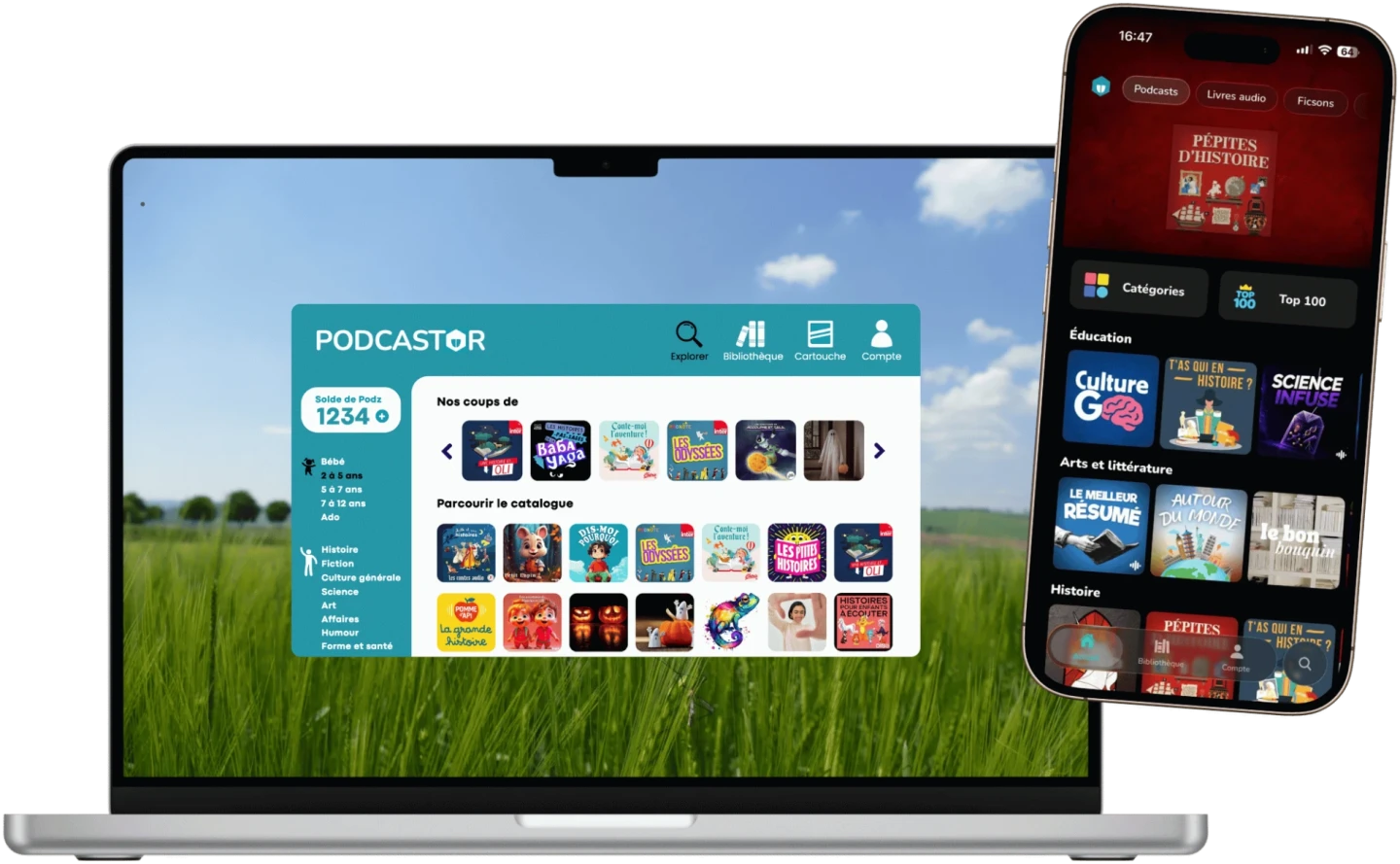 L’application Podcastor sur un ordinateur et sur un téléphone